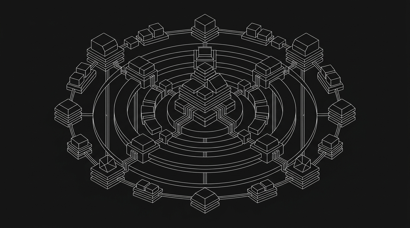 Monochrome Concentric Architectural Schematic of Multi-Zone Cloud Infrastructure Topology