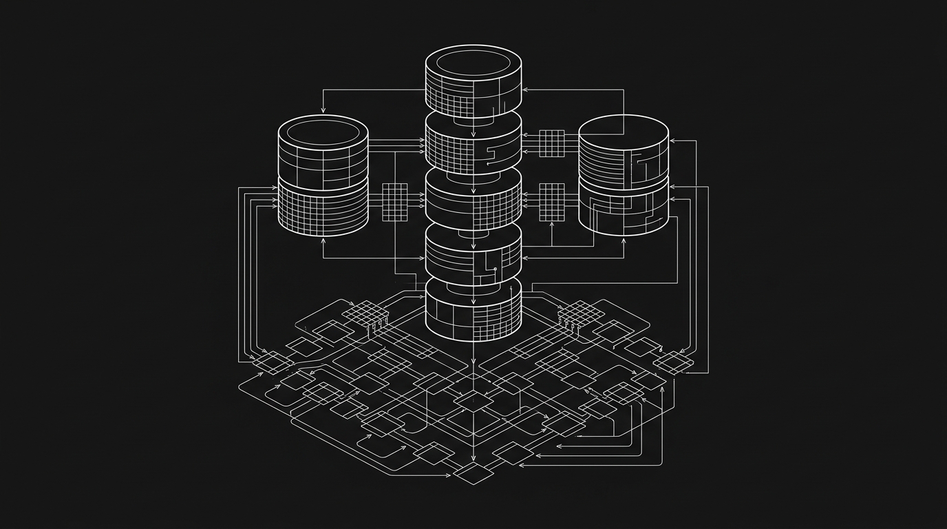 Monochrome Data Pipeline and Layered Relational Database Architecture Schematic